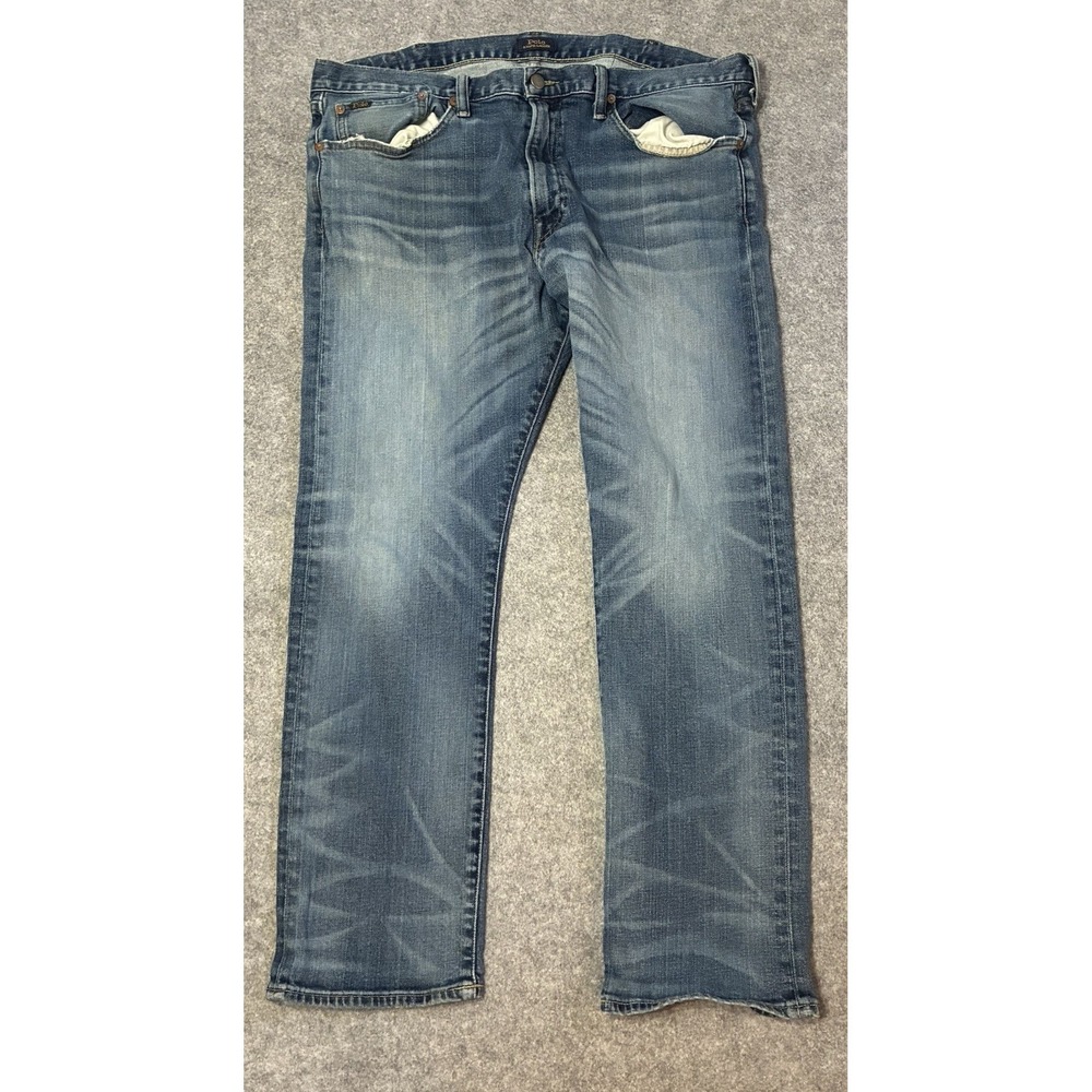 Polo Ralph Lauren Varick Slim Straight Jeans Mens 36x28 Med Wash Faded Whiskers